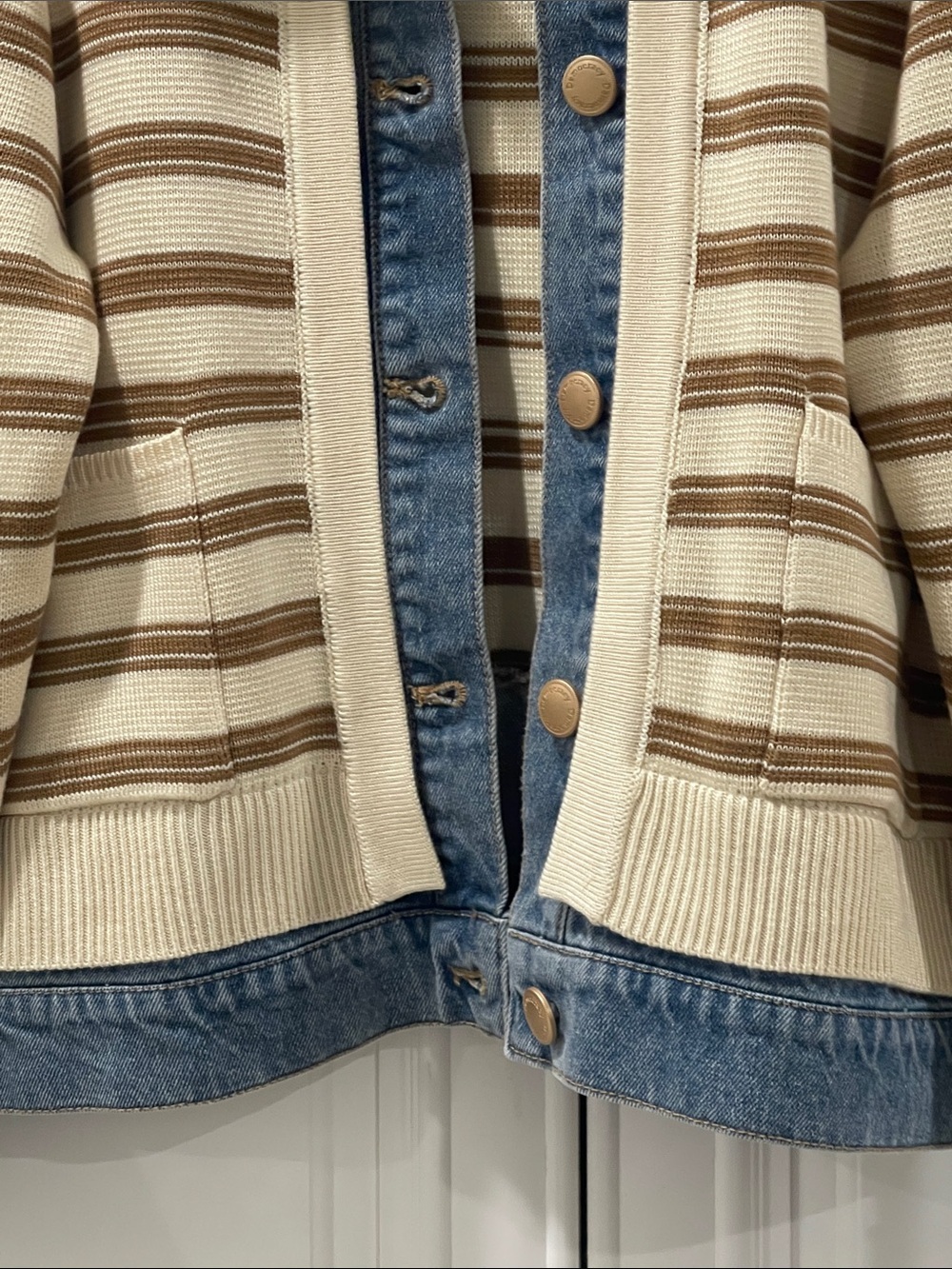 NWT Democracy ivory cream Striped Knit Jacket with Blue Denim Trim - Picture 2 of 14